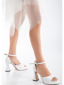Resim Kalın Tek Bant Kadeh Topuk Cilt Beyaz Kadın Platform Topuk Sandalet-2503-beyaz Beyaz 