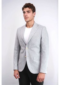 Resim Gri Keten Dokulu Gold Renk Metal Düğmeli Slim Fit Erkek Blazer Ceket - Wessi Grey 