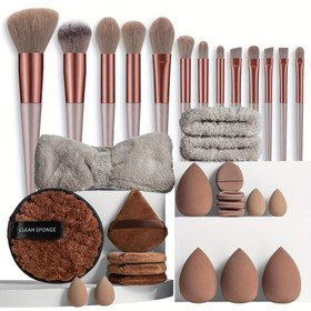 Resim 33 adet/8 adet Makyaj Fırçaları Makyaj Araçları Seti Yumuşak Profesyonel Pudra Fondöten Göz Farı Makyaj Fırçaları, 1 Başlık, 2 Bilezik, 1 Makyaj Çıkarıcı Puf, 4 Üçgen Kadife Puf, 4 Parmak Puf, 4 Büyük Güzellik Süngeri, 4 Küçük Güzellik Süngeri 