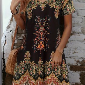 Resim Plus Beden, Kadınlar İçin Şık Çiçek Desenli Tulum Elbise - Retro V Yaka Kısa Kollu, Etnik Bohem Tarzı, Plus Beden Makinede Yıkanabilir Her Mevsim Günlük ve Resmi Giyim, Saydam Olmayan Kumaş, Tatil Kıyafeti, Dayanıklı Yapım, Boho Tutkunları 