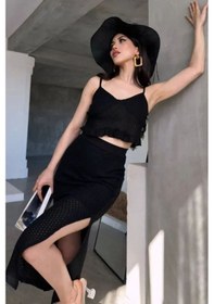 Resim Tane Tasarım Askılı Fırfırlı Crop Bluz Fileli Etek Yazlık Triko Alt Üst Takım Siyah Siyah 