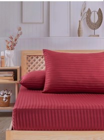 Resim Bordo Pamuklu Çizgili Saten Lastikli Çarşaf Takımı Tek Kişilik + 1 Yastık Kılıfı Bordo 