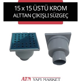 Resim 15X15 Üstü Krom Kare Yer Süzgeci – 50'lik Alttan Çıkışlı – Banyo, Balkon, Teras Için Su Gideri 