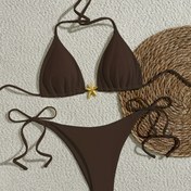 Resim Yıldız Balığı Süslemeli Seksi Düz Renk Bikini Seti, Yüksek Esneklikli Kumaş, Bağcıklı Detay - Plaj ve Havuz Partileri, Plaj Aksesuarları için Mükemmel 
