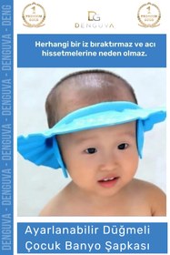Resim Denguva #BanyoŞapkası Fantazer Ayarlanabilir Düğmeli BPA İçermeyen Esnek Bebek Banyo Su Kaçırmayan Mavi Şapka 