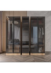 Resim Yıldız Füme Camlı Alimünyum Kapaklı 2 Çekmeceli Giyinme Dolabı Led Askılıklı Tamamı Mdf Safir Meşe 