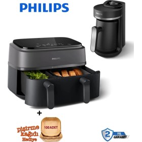 Resim Philips %90’a Kadar Daha Az Yağ ile Sağlıklı Kızartma Çift Hazneli Büyük Hacim – 6+3 Litre Hacim 3000 Serisi Çift Hazneli Airfryer & Fritöz + Philips Türk Kahvesi Makinesi 