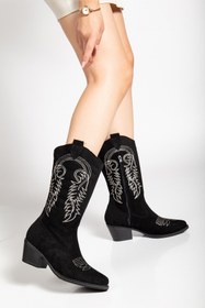Resim mysticaluxe Shoes Kadın Siyah Suni Süet Nakışlı Western Kovboy Cowgirl Bot Çizme M0010 
