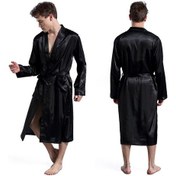 Resim Uzun Kollu İpek Saten Bornoz Bornozlar Pijama Katı Pijama Loungewear Siyah 