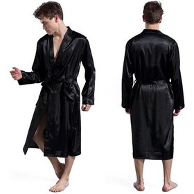 Resim Uzun Kollu İpek Saten Bornoz Bornozlar Pijama Katı Pijama Loungewear Siyah 