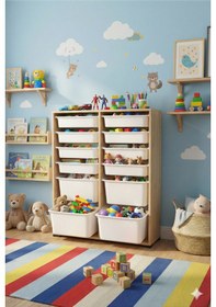 Resim 12 Çekmeceli Çok Amaçlı Oyuncak Dolabı ve Saklama Ünitesi Çocuk Odası Düzenleyici Etiket Hediyeli Safir Meşe 