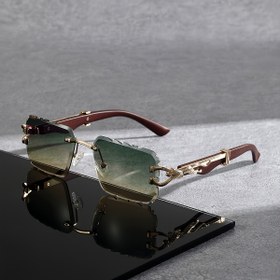 Resim Unisex Retro Yuvarlak Metal Çerçeve ve Ahşap Desenli Saplı - Gradyan Yeşilden Siyaha Geçişli Lensler, Kadınlar & Erkekler için Dekoratif Moda Aksesuarı, Şık Gözlük, Yüksek Kaliteli Lensler, Altın Tonlu Detaylar 