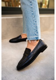 Resim Desna Siyah Deri Düz Taban Ayakkabı Siyah 