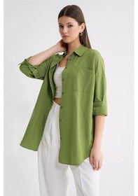 Resim Mixray 4053 Kadın Tek Cepli Oversize Basic Gömlek Fıstık Yeşili 