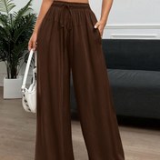 Resim Kadınların Düz Renk Bağcıklı Geniş Bacaklı Pantolonları - Rahat Kahverengi Culottes, Bağcıklı Bel, Bahar/Yaz İçin Mükemmel, Rahat Kıyafet|Bağcıklı Bel Pantolonları|Konforlu Uyum, Büyük Beden 