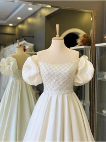 Resim Lenta Wedding Beyaz Işık Saten Dantel Kaplama Maxi Boy Helen Gelinlik 