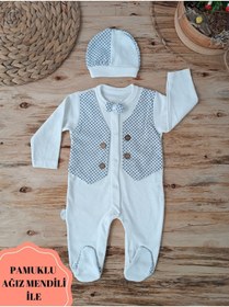 Resim Tomuycuk Erkek Bebek Tulum Mavi Smokin Şapkalı Hediyelik Bebek Giyim Bebek Kıyafetleri 0-3 / 3-6 / 6-9 Ay 