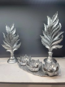 Resim Dekoratif Polyester Ikili Dik Yaprak Ve Üçlü Mumluk Takımı Gümüş 