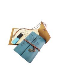 Resim Özel Ahşap Kutulu Mavi Deri Defter Ve Anahtarlık Set 