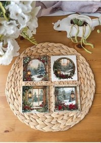 Resim Atölye Vintage Yılbaşı Postcard Temalı 4’lü Set Bardak Altlığı Doğal Taş Traverten (10x10 cm) 