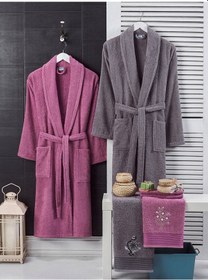 Resim 4 Parça Aile Bornoz Seti Kadın Erkek Havlulu Bornoz Takımı Mürdüm-antrasit 