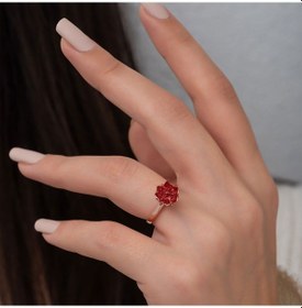 Resim Rose Altın Kaplama Kırmızı Zirkon Taşlı Lotus Çiçeği Kadın Yüzük Rose Gold 