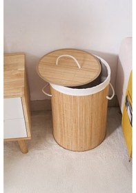 Resim İronika Bambu Kirli Çamaşır Sepeti Halatlı Bambu Çamaşır Oyuncak Sepeti Yuvarlak Açık Kahverengi 