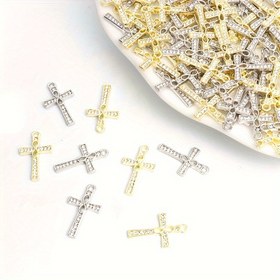 Resim 10 Adet Taşlı Haç Süsleri 8 Karakter Kazıma - Çinko Alaşım Beyaz Altın/K Altın Kaplama DIY Takı Yapımı Kolye Küpe Uçları - Erkekler & Kadınlar için Hristiyan Tatil Hediyeleri, Işıltılı Haç Tasarımı, Altın Kaplama Charm 