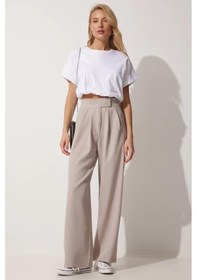 Resim Trend Alisse Beli Cırtlı Pileli Bol Paça Palazzo Kadın Pantolon Bej 