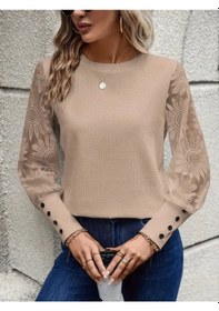 Resim Saklımoda Kadın Uzun Kollu Bisiklet Yaka Kolları Çiçekli Waffle Bluz Bej 