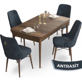 Resim Canisa Concept Taç Serisi, 80X132 Açılabilir Barok Ahşap Desen Masa Takımı, 4 Sandalye Gold Halkalı 