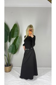 Resim Bella Vita Fashion Premimum Süet Kemer Detaylı Uzun Etek - Siyah 
