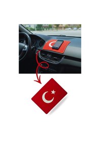 Resim Türk Bayrak'lı Oto Torpido Üstü Peluş Halı / Torpido Üstü Kaydırmaz Ped / Oto Ayna Askısı / Çeki Ipi 