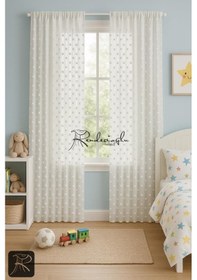 Resim Tül Perde Foldet Carla Model Püsküllü Tül Keten Zemin Ekru 