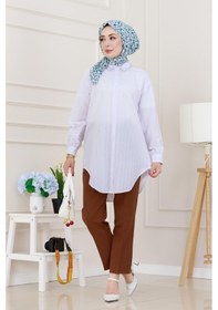 Resim Sevitli Göğüsü Taş Detaylı Oversize Tunik-beyaz-5229 Beyaz 
