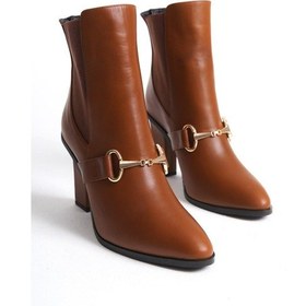 Resim Mubiano Hakiki Deri Collection Kadın Metal Tokalı Lastik Detaylı Topuklu Kısa Bot Taba - Mcalm2262 - Tb Taba 