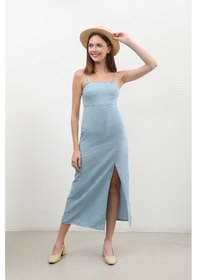 Resim İnce Askılı Yırtmaçlı Jean Elbise 001 
