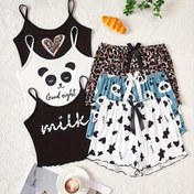 Resim Kadınlar için 3 adet Sevimli Karikatür Pijama Takımı - Siyah ve Beyaz Tank Üstleri Panda ve Kalp Tasarımları ile, Volanlı Etek Şortları, Makinede Yıkanabilir, Tüm Mevsimler için Mükemmel, Allseason Pijamaları|Canlı Baskı Tasarımı|Volanlı Etek Şortları, Pijama Takımı 