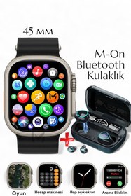 Resim MATEO Akıllı Saat 45mm +M-On Bluetooth Kulaklık Arama, Bildirim, Oyun, Hep Açık Ekran | iOS Android Uyumlu 
