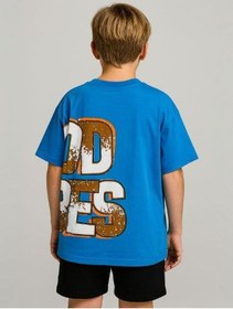 Resim Marions Erkek Çocuk Good Vibes Yazılı Oversize Tshirt-16017 Mavi 