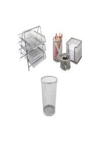 Resim Metal Gümüş Ofis Seti Çöp Kovası+ Evrak Rafı + Masa Seti 3'lü Diğer 