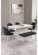 Resim Milas Beyaz Mermer Desen 80x132 Mdf Açılabilir Mutfak Masası Takımı 4 Sandalye, 1 Bench Antrasit 