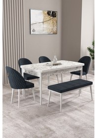 Resim Milas Beyaz Mermer Desen 80x132 Mdf Açılabilir Yemek Masası Takımı 4 Sandalye, 1 Bench Antrasit 