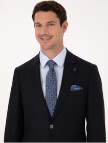 Resim Cacharel Koyu Lacivert Slim Fit Yün Karışımlı Mikro Desenli Takım Elbise 