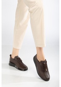 Resim Dilimler Ayakkabı Hakiki Deri Ortopedik Kadın Günlük Ayakkabısı Kahverengi Dolgu Topuklu Elastik Bağcıklı-3573 Kahve 