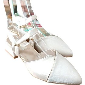 Resim De Scarıo 25y-594 Kadın Kısa Kalın Topuklu Arka Açık Ayakkabı Bej Saten Siyah 