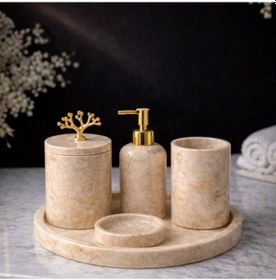 Resim Bej 5'li Mermer Banyo Seti Bej 