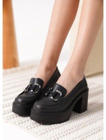 Resim Ecilef Siyah Gümüş Tokalı Kadın Loafer Siyah 