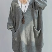 Resim Sonbahar ve Kış için Uzun Kollu Diz Boyu Kazak, Rahat Düz Renk Cepli V Yaka Oversize Kazak, Kadın Giyim 
