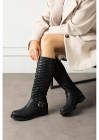 Resim Shoetek Aissa Kadın Çizme Kapitone Dikişli Fermuarlı Siyah Deri Siyah 